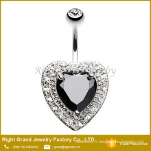 Élégant anneau de nombril en acier chirurgical coeur clair noir zircone cubique inox 316L
